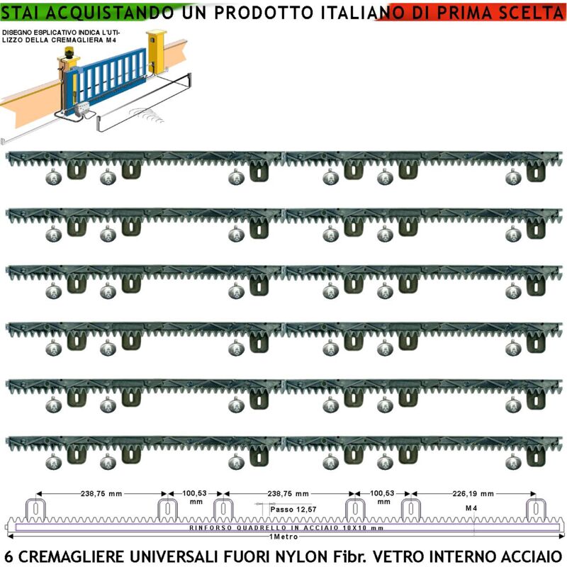 foto del prodotto kit cremagliera universale m4 antiusura sei pezzi da 1 metro in nylon antirumore con anima in acciaio portata 6 q.li max 10 q.li 6 bulloni per metro