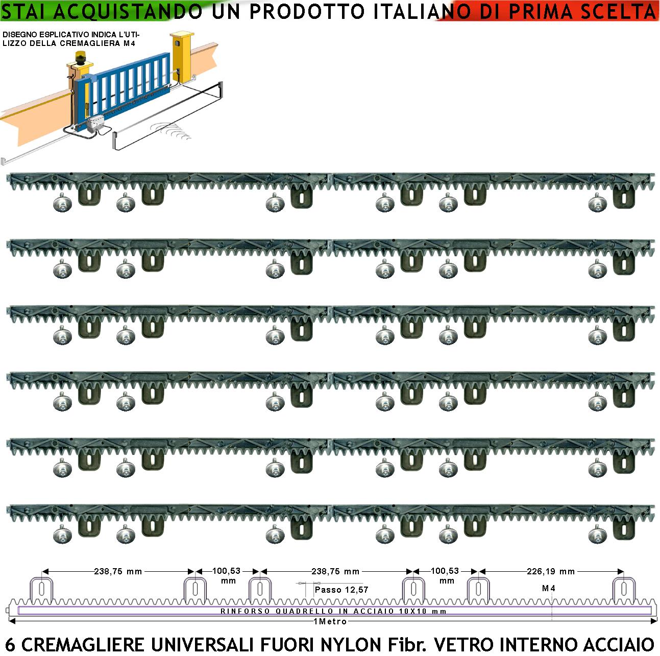 foto del prodotto kit cremagliera universale m4 antiusura sei pezzi da 1 metro in nylon antirumore con anima in acciaio portata 6 q.li max 10 q.li 6 bulloni per metro ricambio cancello scorrevole giunture ad incastro