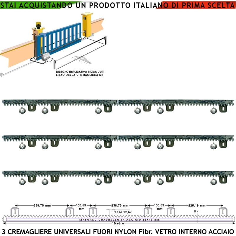 foto del prodotto kit cremagliera universale m4 antiusura tre pezzi da 1 metro in nylon antirumore con anima in acciaio portata 6 q.li max 10 q.li 6 bulloni per metro
