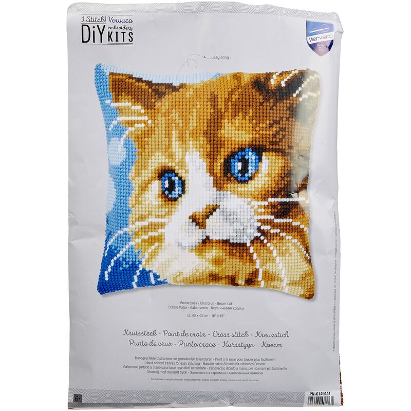 foto del prodotto kit cuscino punto croce gatto marrone set ricamo principianti cuscini gobelin decorativi ca. 40 x 40 cm accessori per lavoretti creativi diy casa decor hobby adulti cross stitch - vervaco