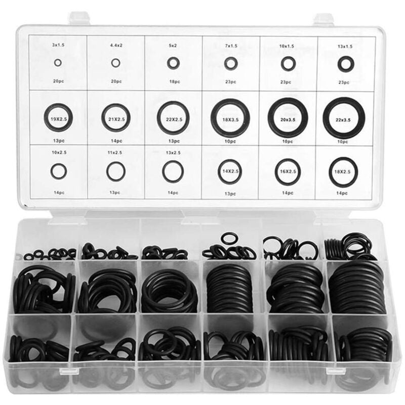 foto del prodotto kit da 279 pezzi di guarnizioni in gomma nera, guarnizioni idrauliche in gomma, assortimento di guarnizioni, set di guarnizioni in gomma da 18