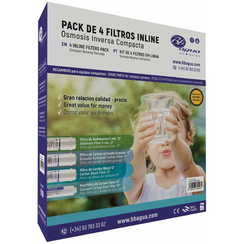 foto del prodotto kit da 4 filtri inline 12 per impianti di osmosi inversa compatti. 1 filtro di edimenti, 1 carbone attivato, 1 carbone block e 1 post filtro di