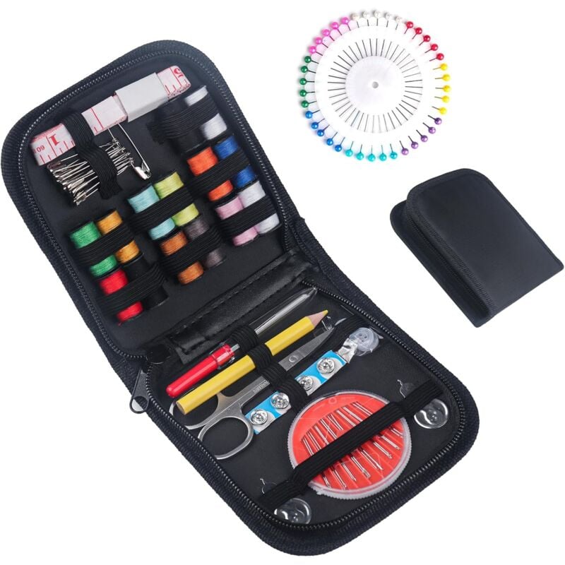 foto del prodotto kit da cucito con 94 accessori da cucito, kit da cucito da viaggio per principianti, rotoli di filo, aghi da cucito, filo, ditale, metro a nastro,