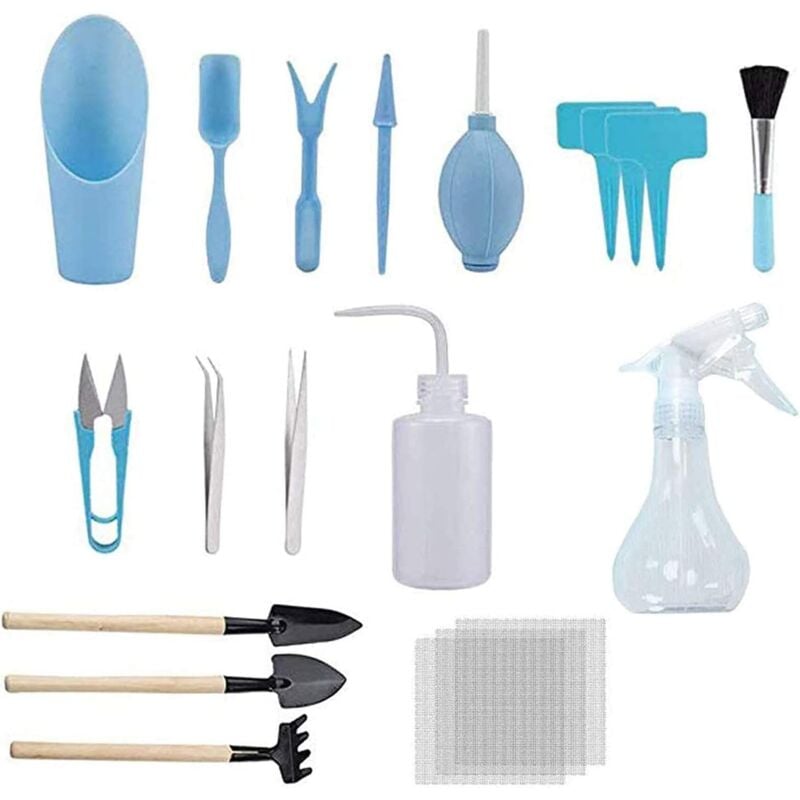 foto del prodotto kit da giardinaggio in legno set di 16 piccoli utensili per trapiantare piante grasse e bonsai