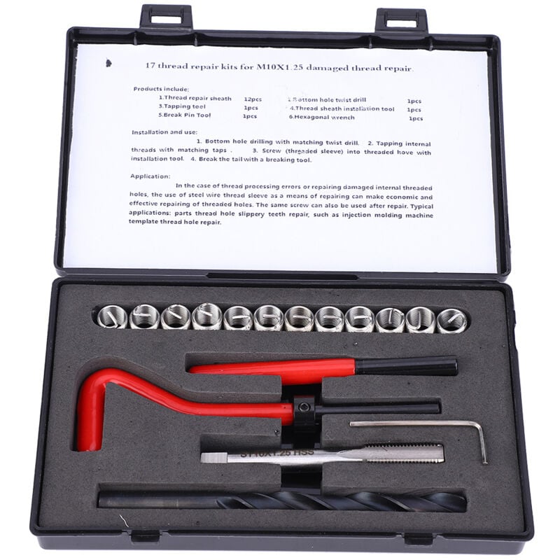 foto del prodotto kit de r paration de filetage 17 pièces m10x1,25 ensemble de tarauds de refiletage en acier inoxydable pour filetage femelle