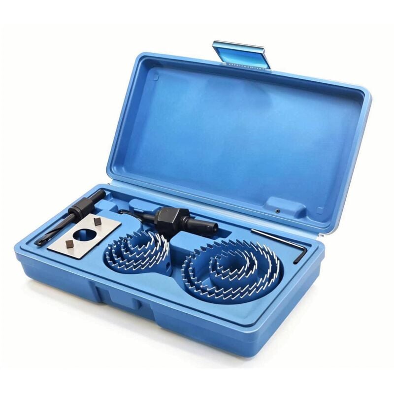 foto del prodotto kit di 12 seghe a tazza bimetalliche in acciaio al carbonio, 19-64 mm, set di frese per seghe a tazza per legno, cartongesso e cartongesso, blu,