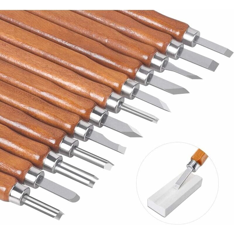 foto del prodotto kit di 12 utensili per intaglio del legno, scalpello per legno, coltello per intaglio del legno, fai da te, per professionisti, amatori, per fai da
