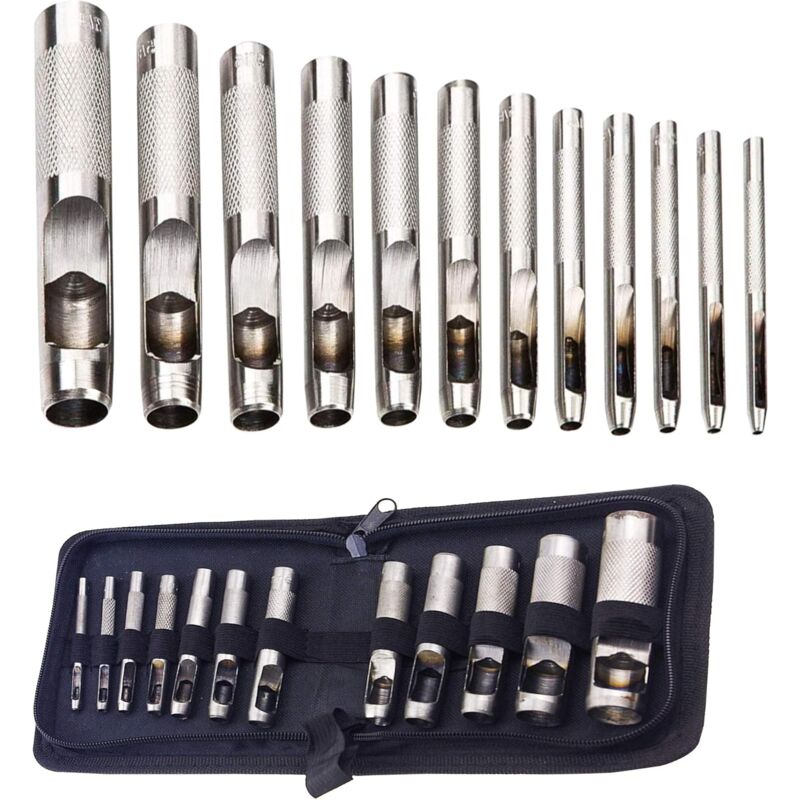 foto del prodotto kit di 12 utensili per punzonatura di pelle cava, per pelle, cinturino per orologio, tela, occhiello da 3 mm a 19 mm metallo 