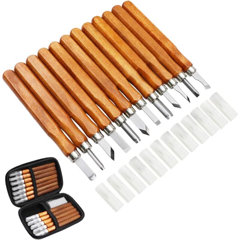 foto del prodotto kit di 14 utensili per intaglio del legno scalpelli professionali per lavorazione del legno con manico e coperture protettive per falegnami esperti
