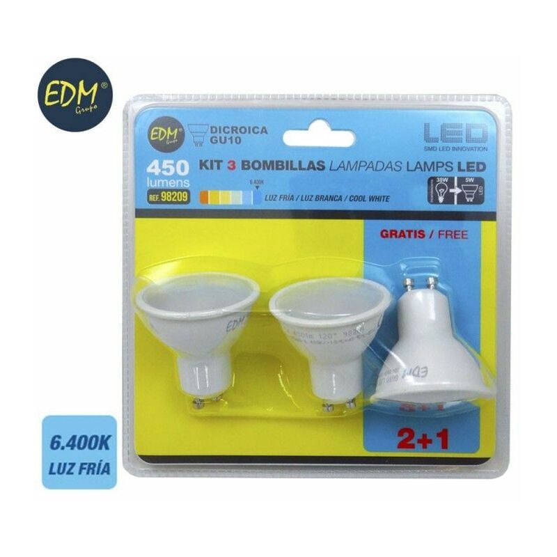 foto del prodotto kit di 3 lampadine dicroiche led edm gu10 5w 450lm 6400k luce fredda 5x5,5cm