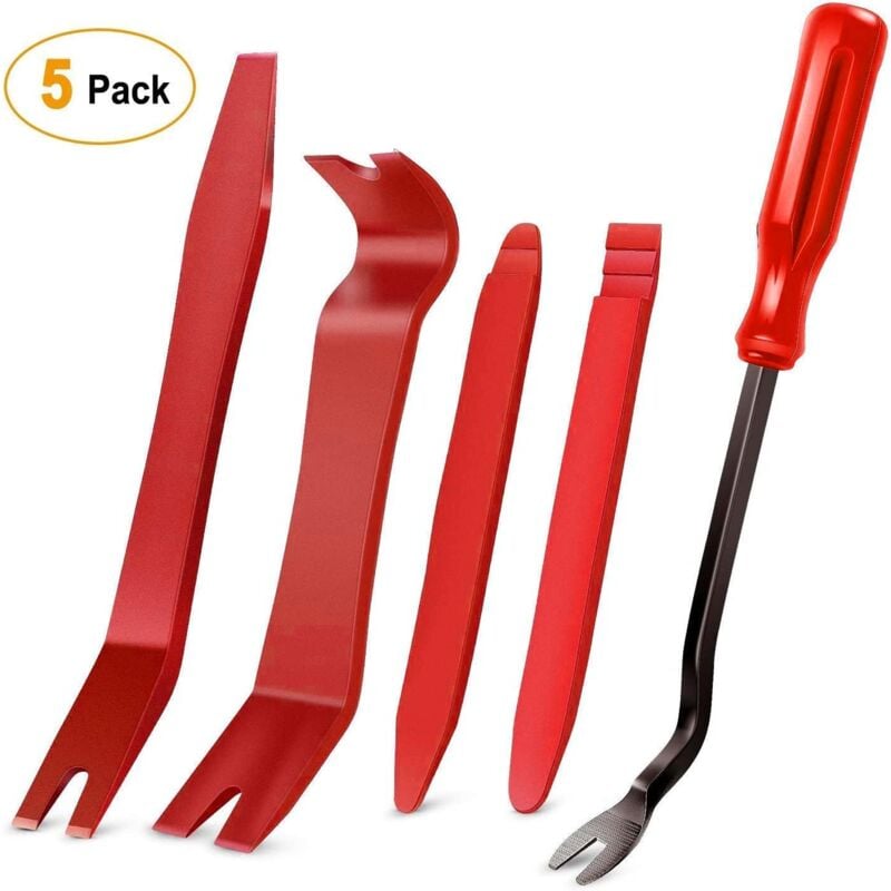 foto del prodotto kit di 5 strumenti per la rimozione delle finiture auto in nylon rosso, antigraffio, per lo smontaggio del pannello della portiera dell'auto e del cruscotto audio. - bebusingoto
