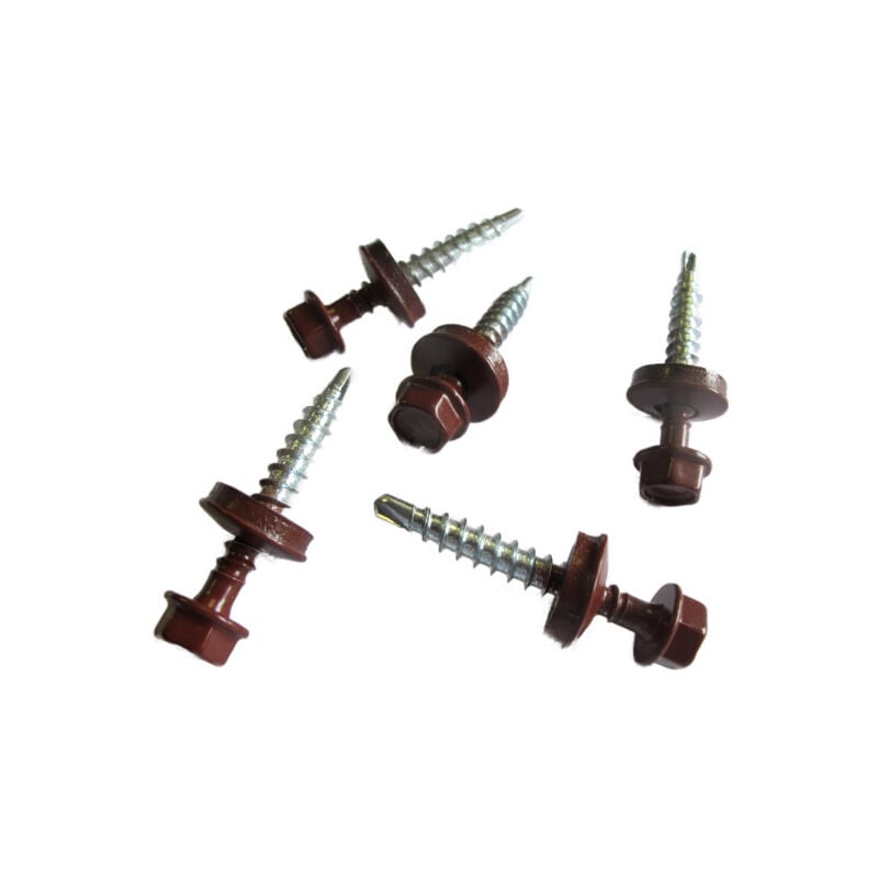 foto del prodotto kit di 50 viti autoforanti 4,9 x 35 mm 50 rondelle di tenuta per pannelli tegola facile colore rosso bruno opaco, lunghezza 3,5cm