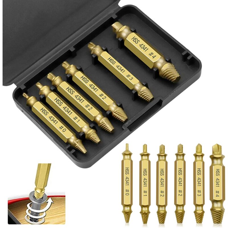 foto del prodotto kit di 6 estrattori per viti rotte, estrattori con testa in oro per la rimozione di viti danneggiate