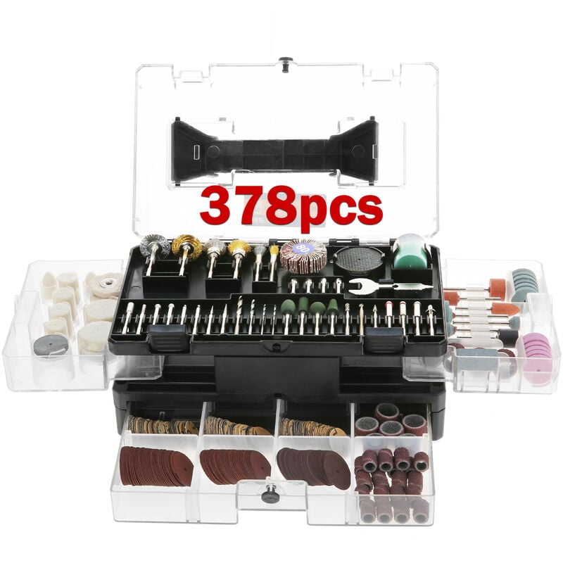 foto del prodotto kit di accessori per utensili rotanti da 378 pezzi. inclusa cera lucidante, punta da trapano, disco da taglio in resina, feltro di lana, punta per