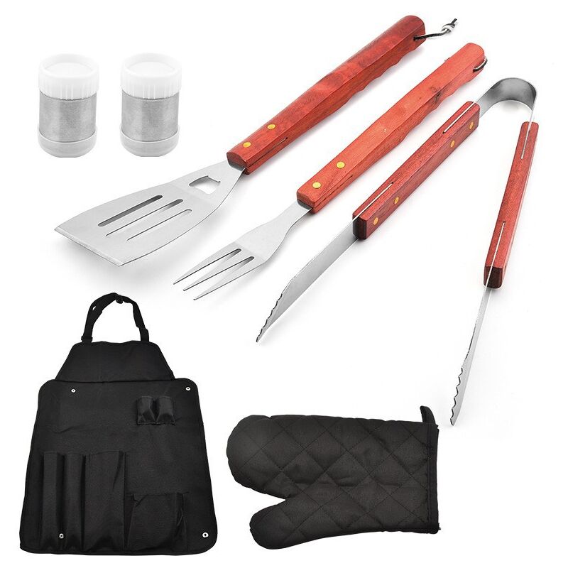 foto del prodotto kit di accessori professionali per barbecue in acciaio con grembiule, set di accessori per barbecue con clip, forchette, spatole e guanti, accessori