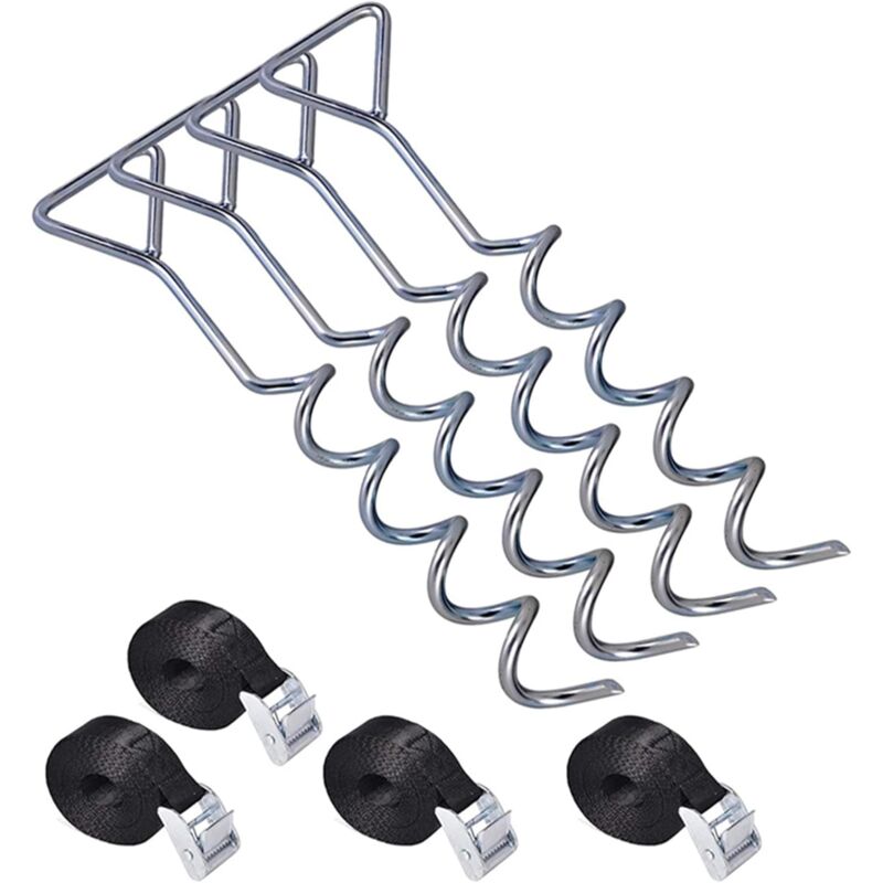 foto del prodotto kit di ancoraggio per trampolino in acciaio a 4 spirali, include 4 ancore per trampolino, 4 cinghie di ancoraggio, picchetto di ancoraggio per tende