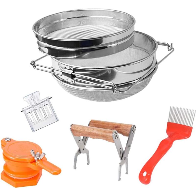 foto del prodotto kit di avviamento per apicoltura, 5 pezzi, supporto per telaio per filtro per miele in acciaio inossidabile a doppio setaccio, forcella senza tappo,