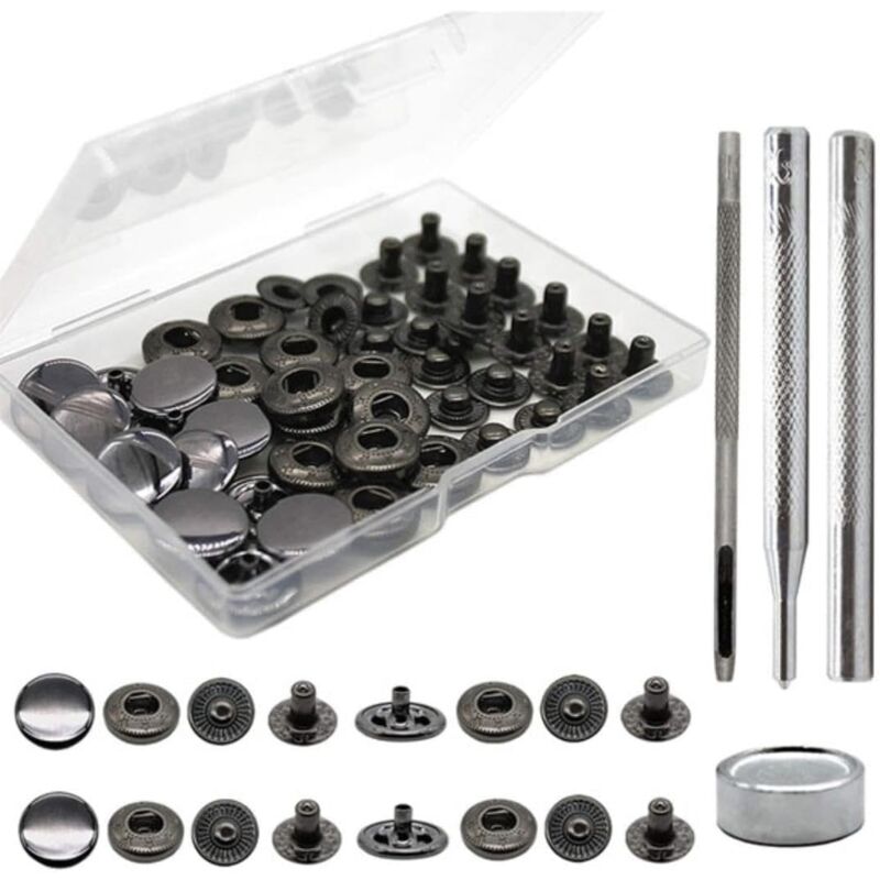 foto del prodotto kit di bottoni automatici in pelle per impieghi gravosi da 15 mm, bottoni automatici con 4 strumenti di installazione, per abbigliamento, pelle,