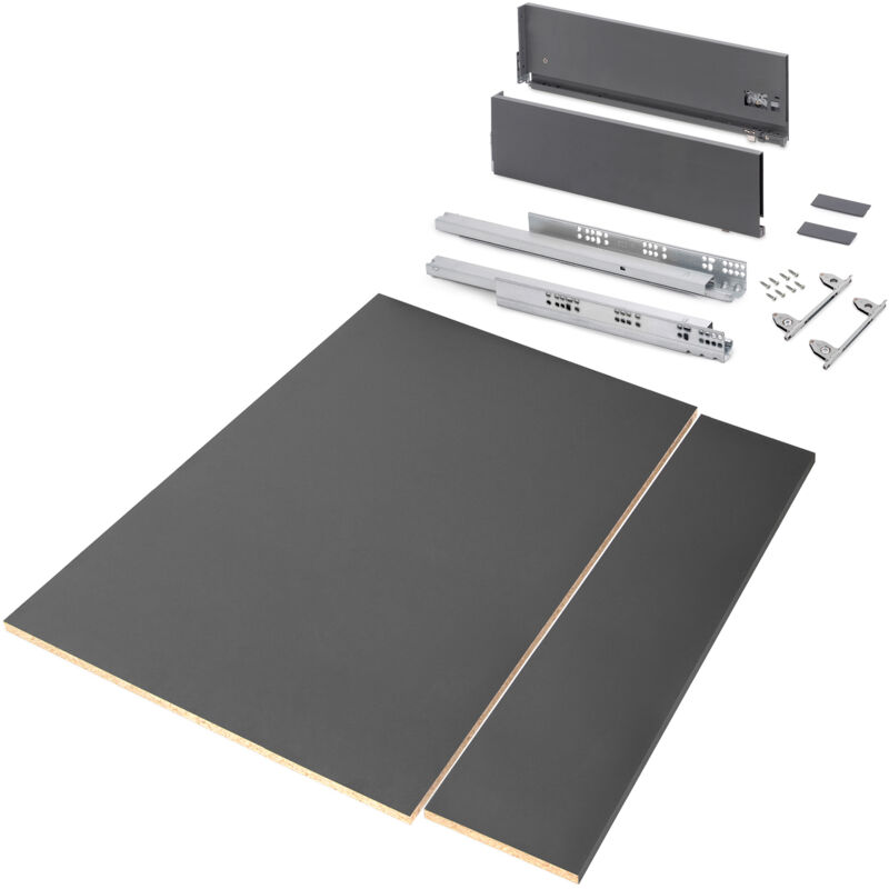 foto del prodotto kit di cassetti per cucina o bagno vertex con regolazione 3d, altezza 178 mm, con pannelli inclusi, modulo 900 mm, grigio antracite emuca