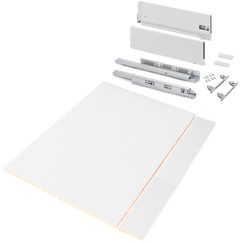 foto del prodotto kit di cassetti per cucina o bagno vertex con regolazione 3d, altezza 178 mm, con pannelli inclusi, modulo 900 mm, verniciato bianco emuca