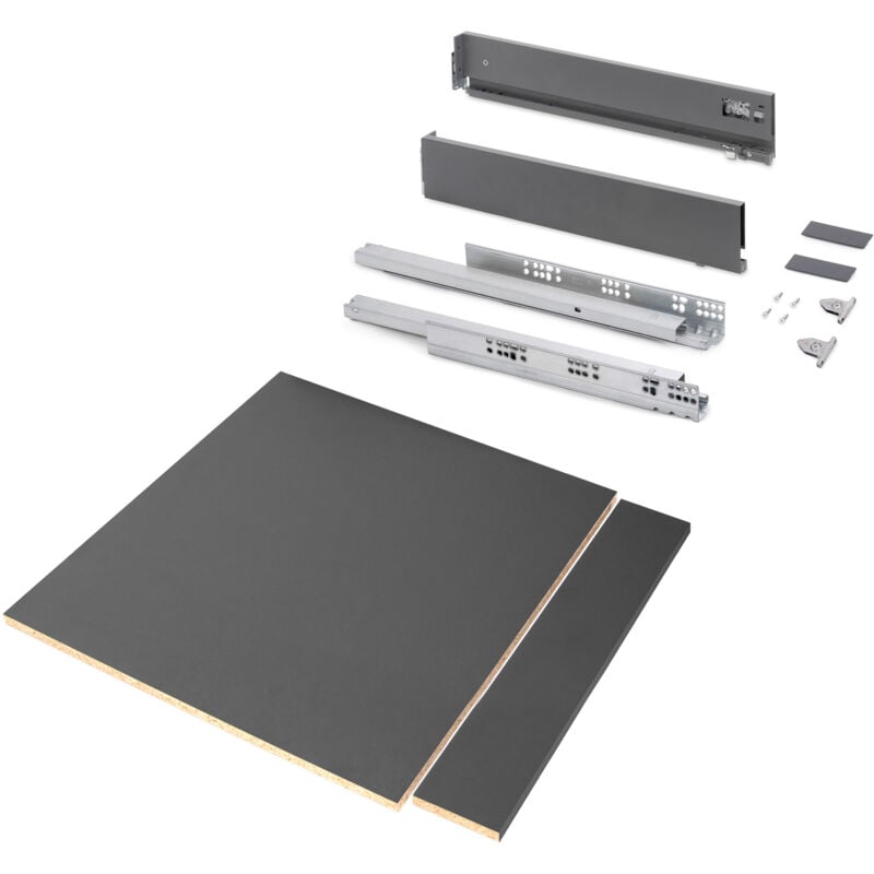 foto del prodotto kit di cassetti per cucina o bagno vertex con regolazione 3d, altezza 93 mm, con pannelli inclusi, modulo 600 mm, grigio antracite emuca