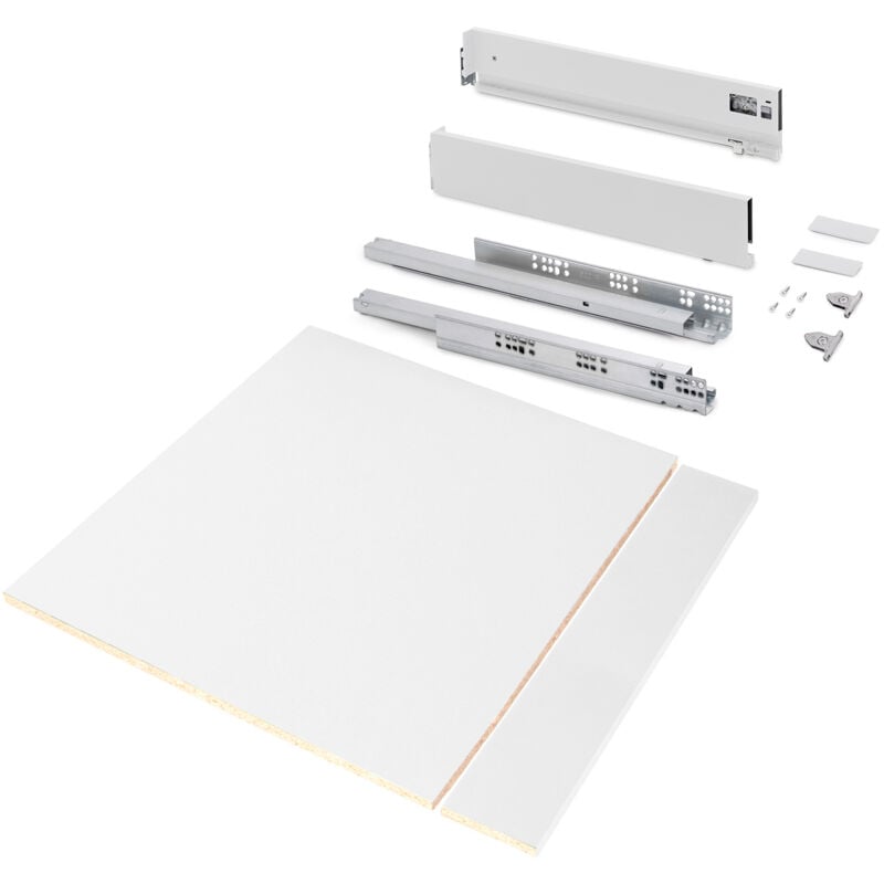 foto del prodotto kit di cassetti per cucina o bagno vertex con regolazione 3d, altezza 93 mm, con pannelli inclusi, modulo 600 mm, verniciato bianco emuca