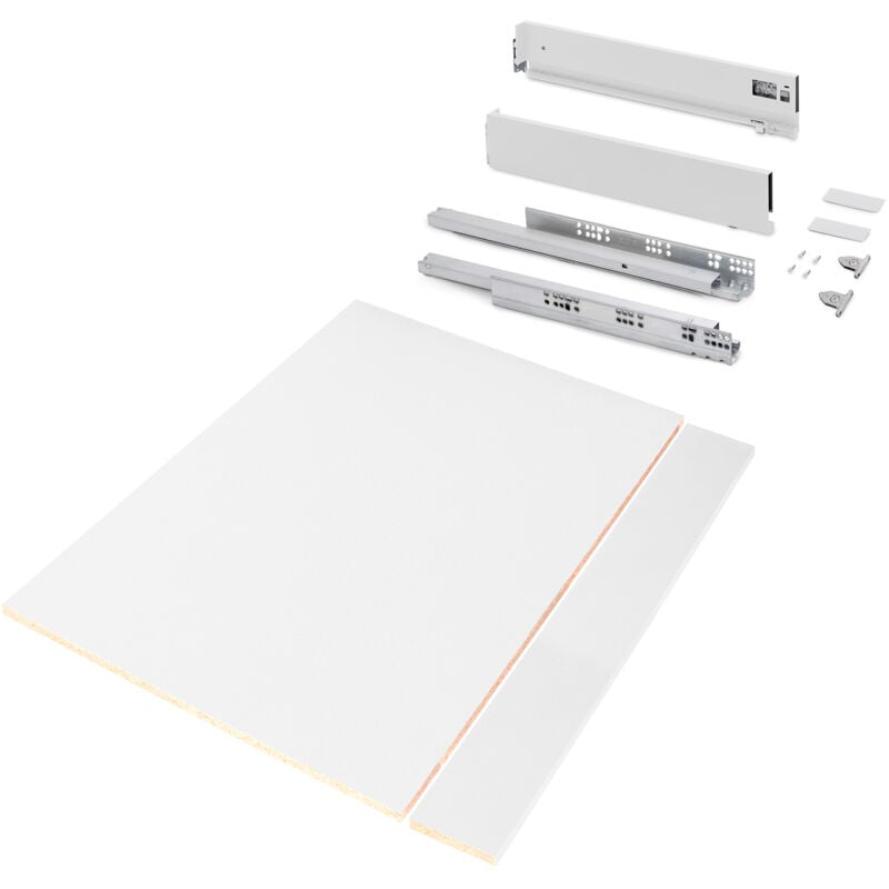 foto del prodotto kit di cassetti per cucina o bagno vertex con regolazione 3d, altezza 93 mm, con pannelli inclusi, modulo 900 mm, verniciato bianco emuca