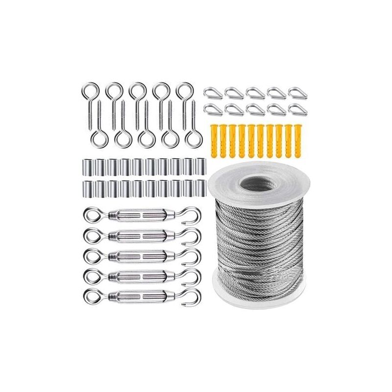 foto del prodotto kit di cavi metallici aiperq, tenditore per cavi in acciaio da giardino, kit di corde sospese in acciaio inossidabile, cavo in acciaio inossidabile