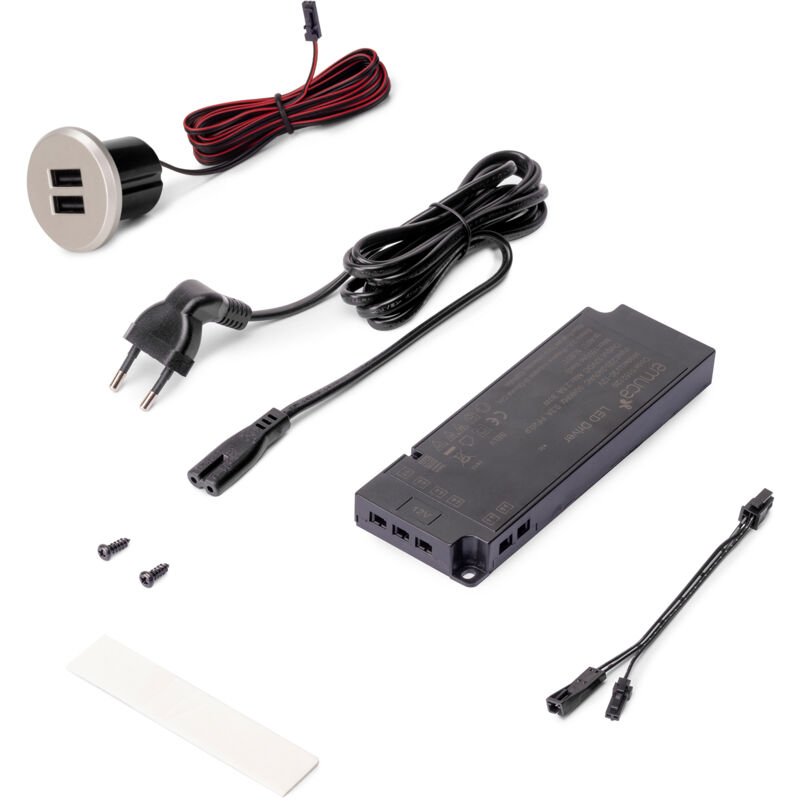 foto del prodotto kit di connettori di ricarica usb plugy, include convertitore e 2 usb tipo a, diametro 25 mm, tecnoplastica, grigio metallizzata emuca