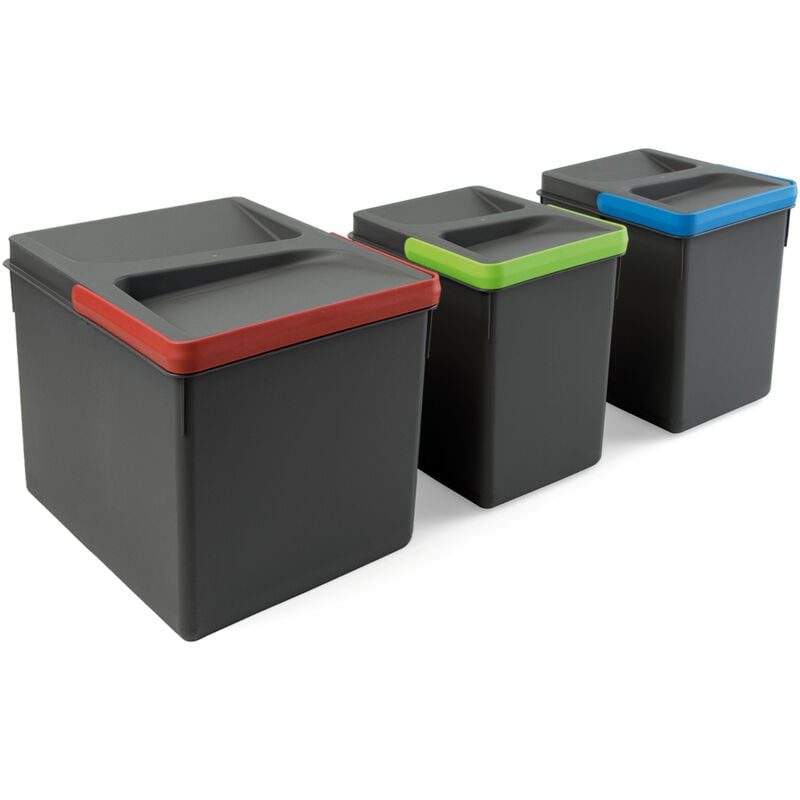 foto del prodotto kit di contenitori per la raccolta differenziata per cassetti da cucina recycle altezza recycle 216 mm, 1x12lt, 2x6lt, grigio antracite tecnoplastica