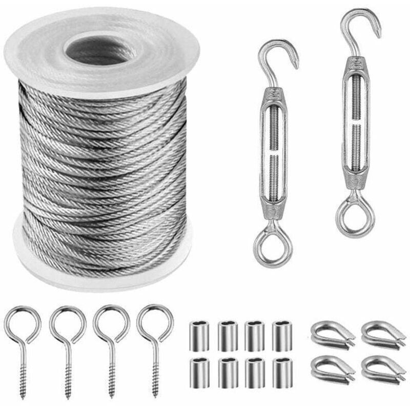 foto del prodotto kit di corda sospesa in acciaio inossidabile da 15 m, cavo in acciaio inossidabile rivestito con tenditori, kit di cavi metallici per piante