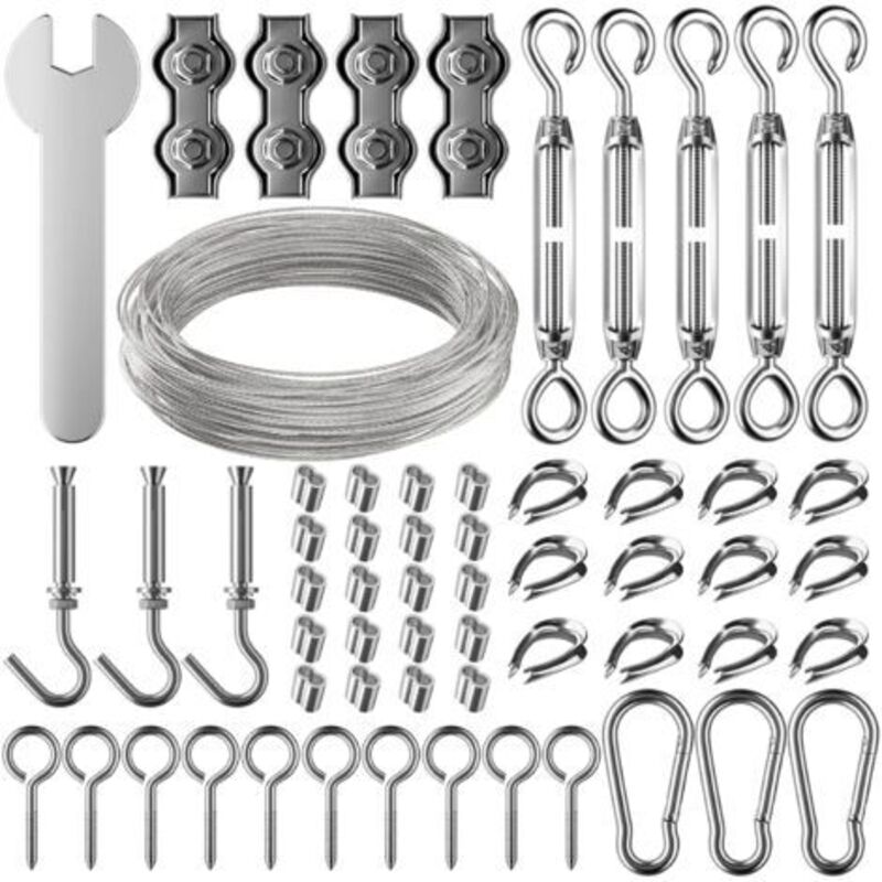 foto del prodotto kit di corde sospese in acciaio inossidabile da 30 m, cavo in acciaio inossidabile rivestito da 2 mm con tenditore e ganci, per appendere luci,