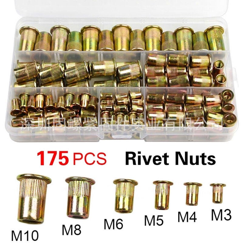 immagine 0 del prodotto kit di dadi per rivetti da 175 pezzi, set di rivetti filettati in acciaio al carbonio zincato, assortimento di dadi per rivetti ciechi per metallo,