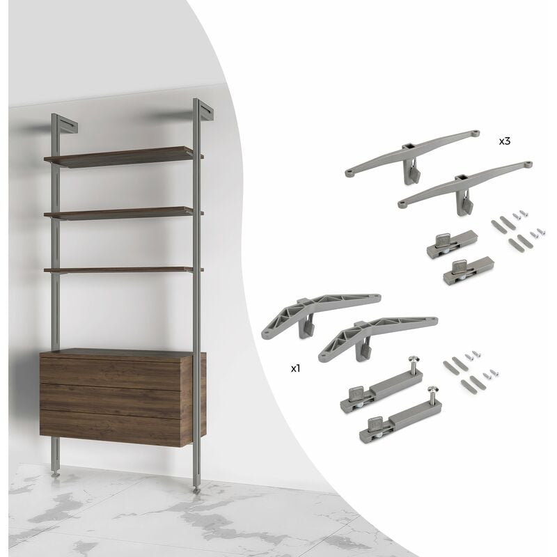 foto del prodotto kit di di supporti per 3 ripiani in legno e 1 modulo per struttura zero, zama, verniciato grigio pietra - verniciato grigio pietra - emuca