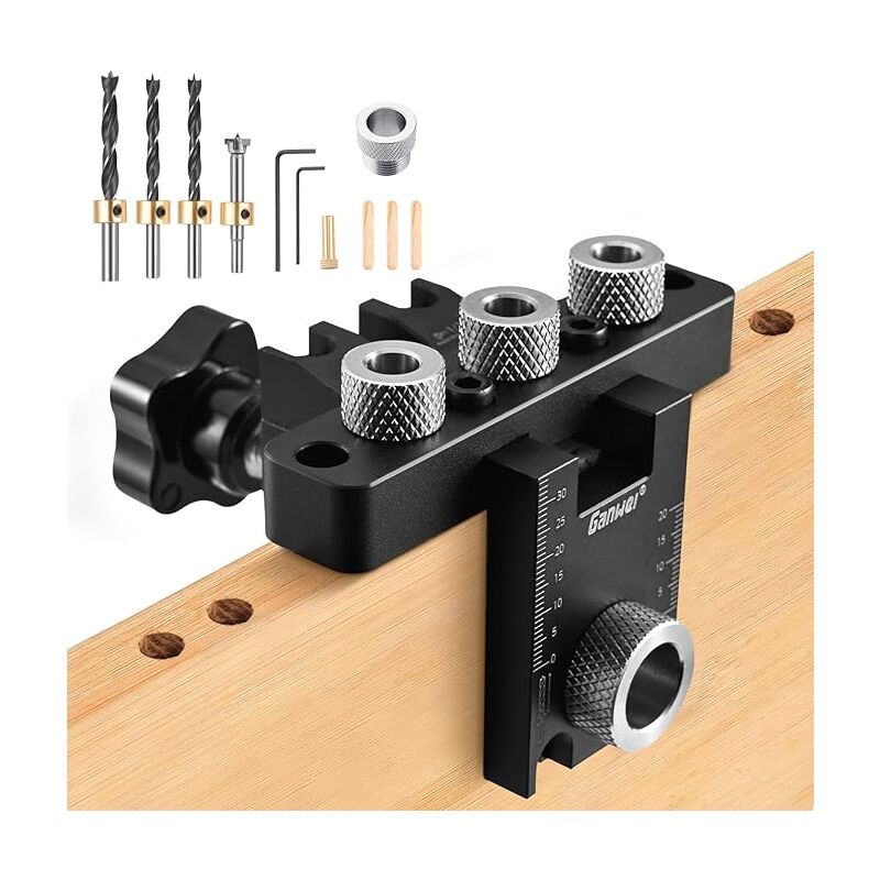 foto del prodotto kit di dima per fori tascabili 3 in 1 con punta da trapano da 8 10 15 mm, set di dime per tasselli per lavorazione del legno, guida per trapano,