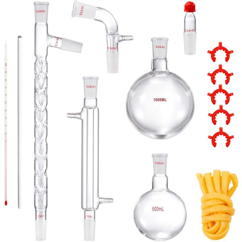 foto del prodotto kit di distillazione da laboratorio, kit di distillazione per vetreria da laboratorio 3.3 boro con 24, 40 giunti, kit di apparecchi per la