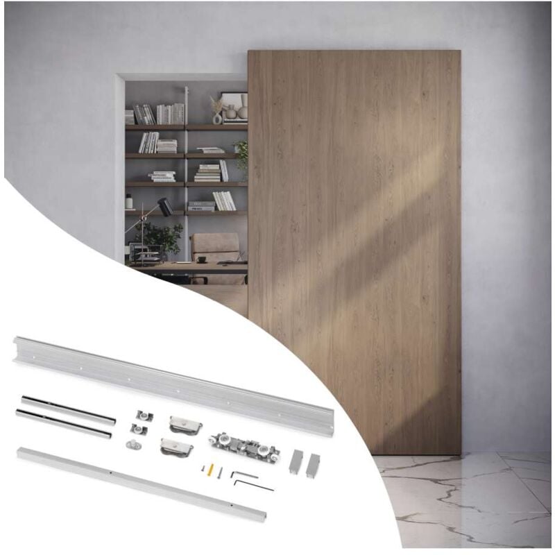 foto del prodotto kit di ferramenta per porta scorrevole appesa in legno wall con chiusura soft, acciaio, alluminio e tecnoplastica - emuca
