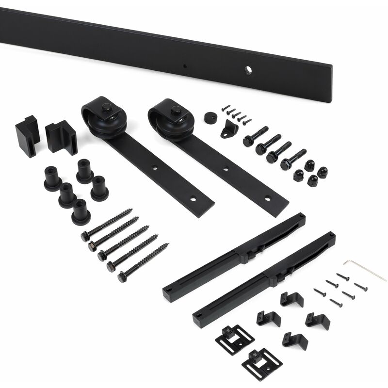 foto del prodotto kit di ferramentaper porta scorrevole appesa in legno barn, con chiusura soft, pannelli non inclusi, acciaio e tecnoplastica, verniciato nero emuca