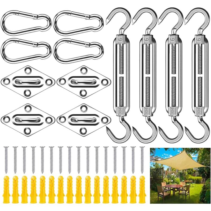 foto del prodotto kit di fissaggio per vela ombreggiante, kit di montaggio per fissaggio vela ombreggiante da 44 pezzi, kit di accessori di fissaggio in acciaio