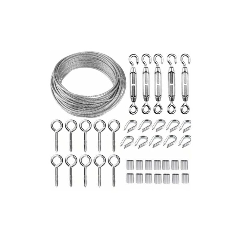 foto del prodotto kit di funi metalliche in acciaio inossidabile da 50 m 2 mm con tenditore per cavi m5 per impieghi gravosi, kit di rotoli di filo per recinzione, kit