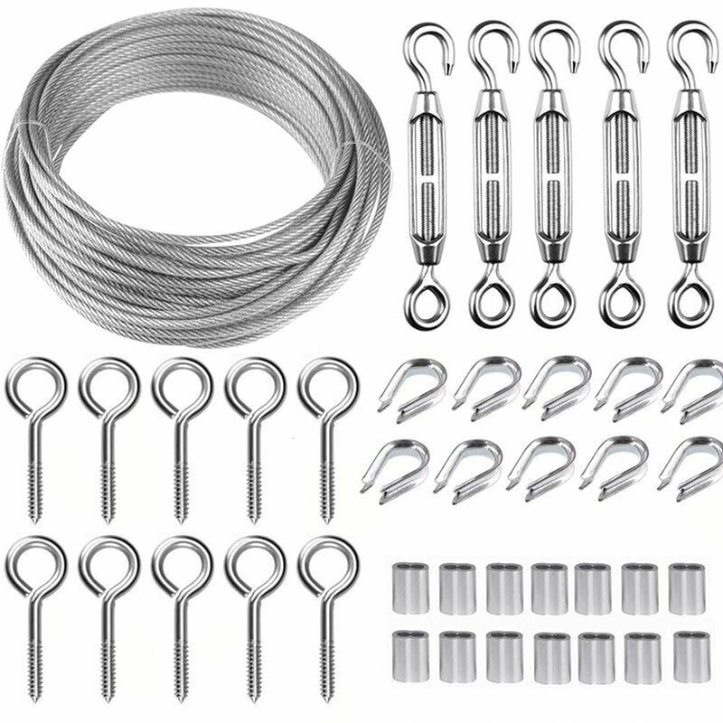foto del prodotto kit di funi metalliche in acciaio inossidabile da 50 m 2 mm con tenditore per cavi m5 per impieghi gravosi, kit di rotoli di filo per recinzione, kit