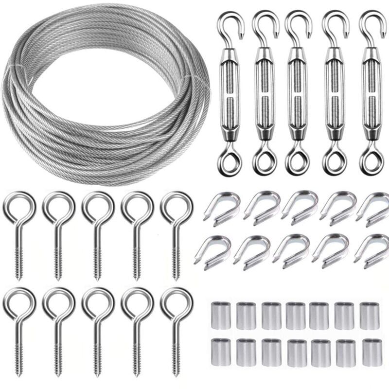 foto del prodotto kit di funi sospese in acciaio inossidabile, cavo in acciaio inossidabile rivestito da 30 m 2 mm con tenditori m5, kit di funi metalliche da 2 mm per