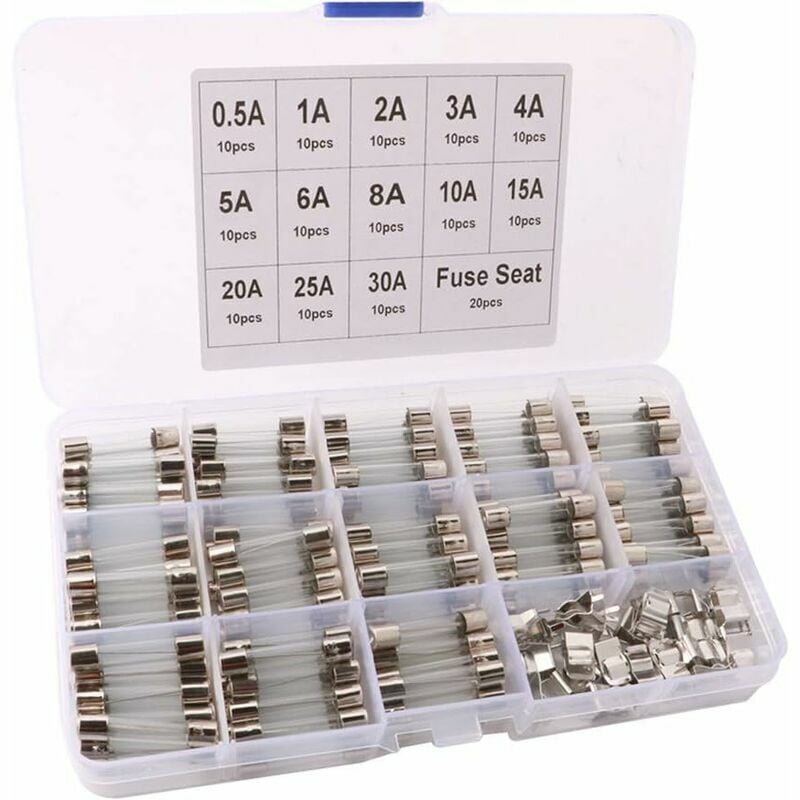 foto del prodotto kit di fusibili a tubo di vetro a rottura rapida per auto professionali da 150 pezzi 6x30 mm 130 fusibili a tubo di vetro a rottura rapida 20 sedi