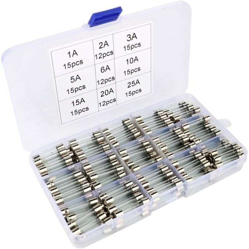 foto del prodotto kit di fusibili in vetro assortiti da 126 pezzi, fusibili a cartuccia in vetro da 6 x 30 mm, fusibili per auto a rottura rapida, fusibili in vetro a