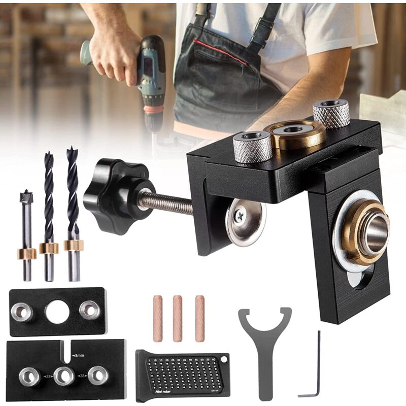 foto del prodotto kit di guida per foratura per tasselli in legno 3 in 1 aomdom con clip di posizionamento, localizzatore di guida per foratura regolabile e scala