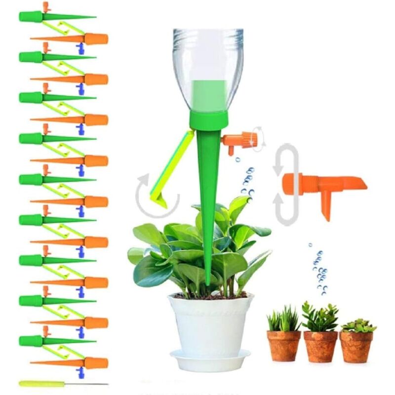 foto del prodotto kit di irrigazione a goccia con 18 picchetti, irrigazione automatica per piante da esterno, verde arancione