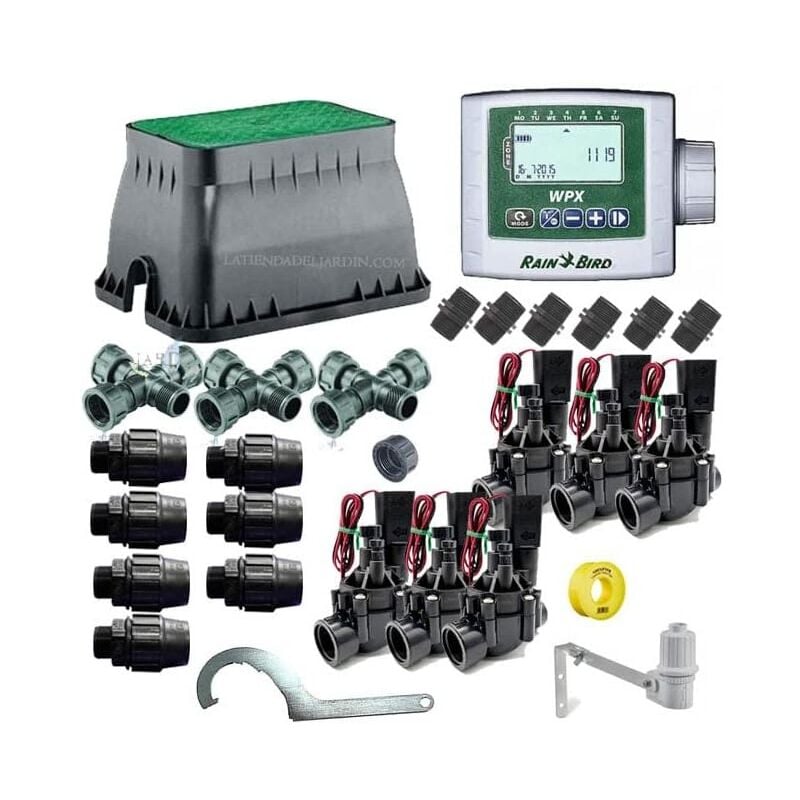 foto del prodotto kit di irrigazione automatica professionale rain bird a 6 zone da 9v per tubo da 32 mm, automazione dell irrigazione