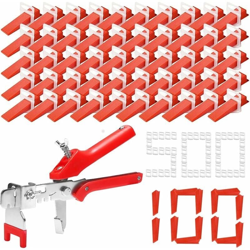 foto del prodotto kit di livellamento per piastrelle da 601 pezzi con 500 cunei di livellamento per piastrelle da 2 mm, 100 cunei di livellamento riutilizzabili e 1
