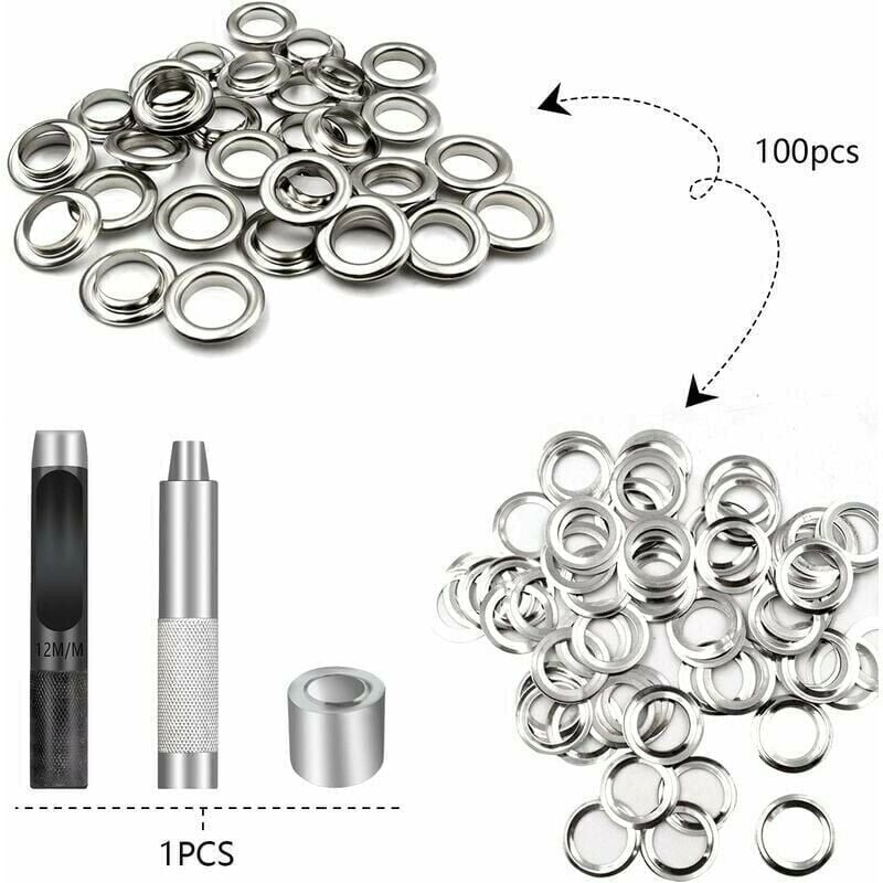 foto del prodotto kit di occhielli, 100 set di occhielli, occhielli per teloni, kit di occhielli, per riparazione di teloni in tela, tenda, argento, 12 mm diametro
