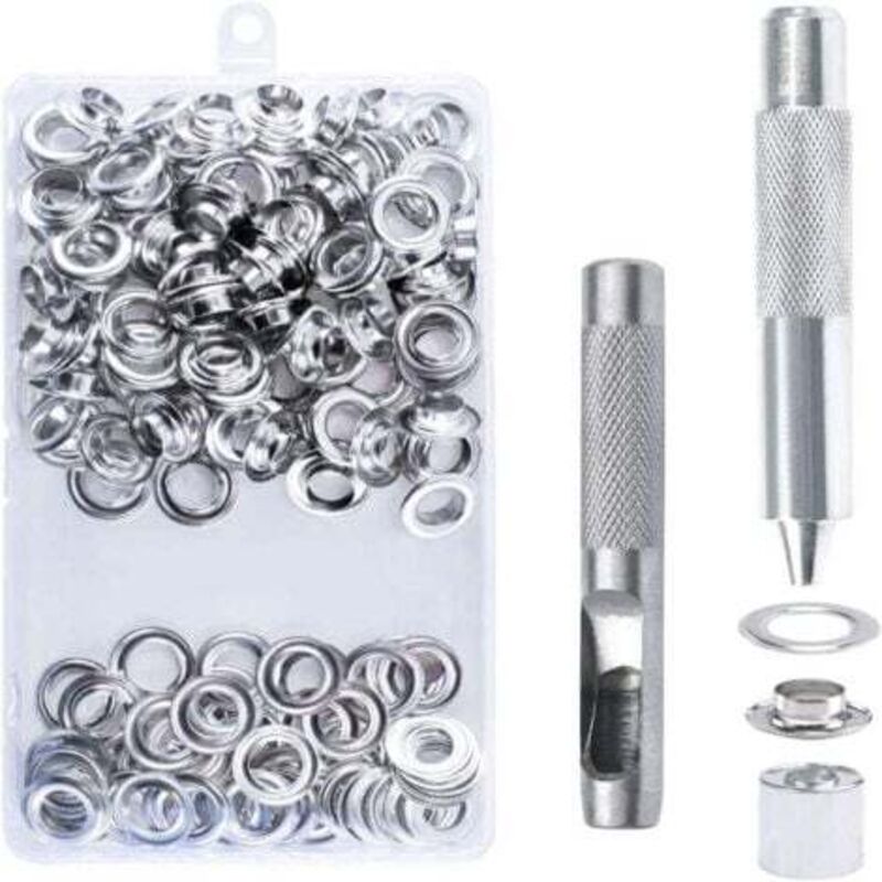 foto del prodotto kit di occhielli da 100 pezzi, occhielli da 10 mm per teloni, kit di occhielli, kit di occhielli con utensile da 3 pezzi, occhielli per teloni,
